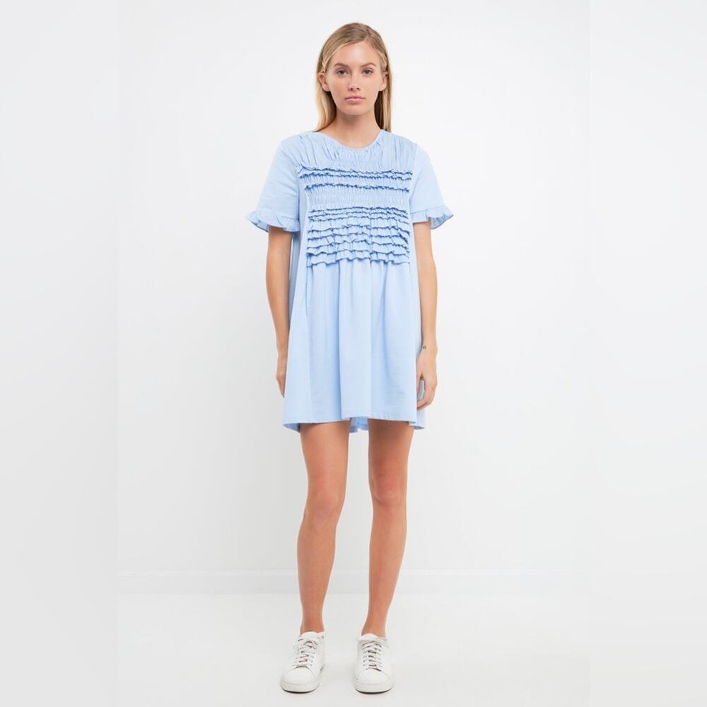 NWT English Factory Powder Blue Mixed Media Ruffle Detail Mini Dress Size XS